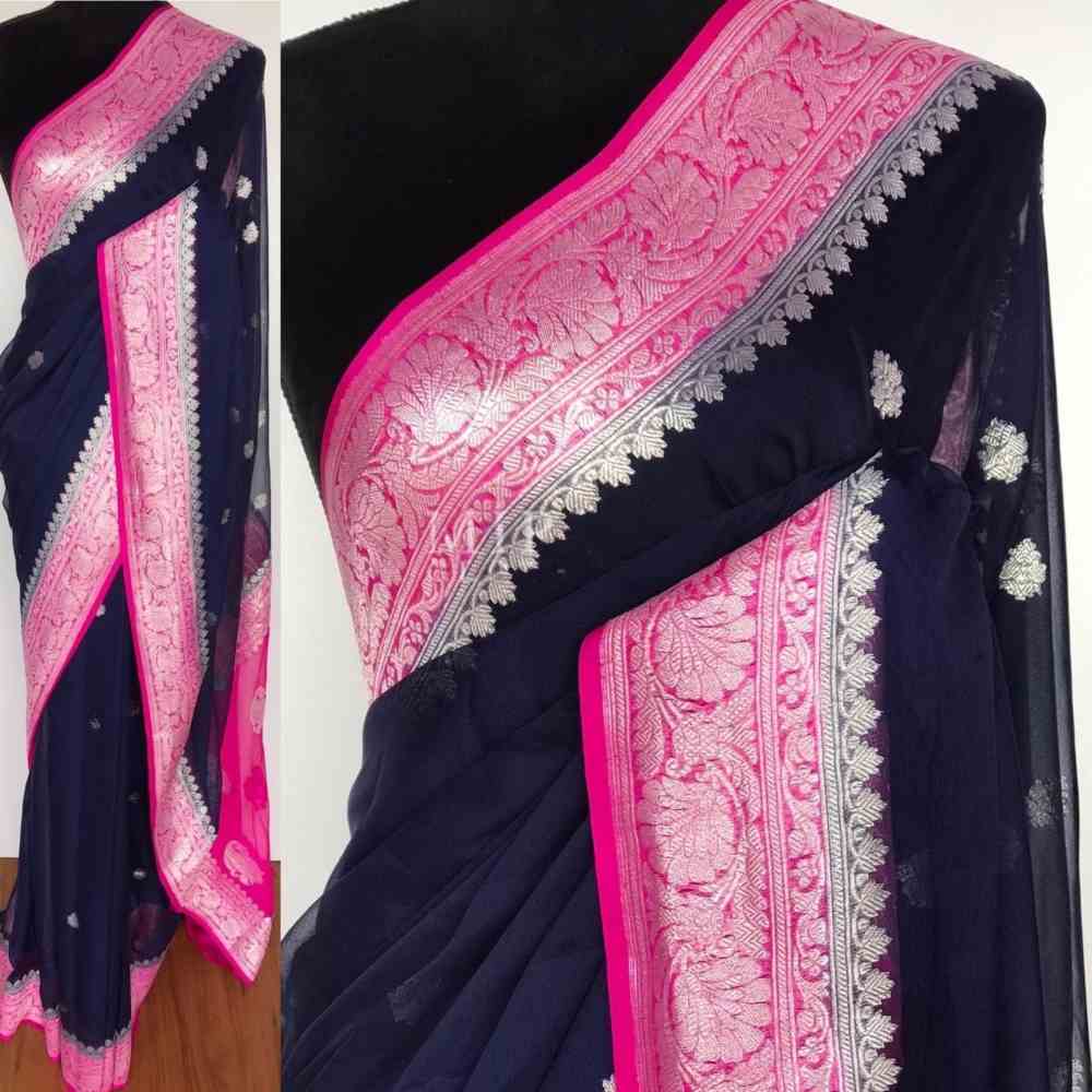 Black Saree with Pink Border khaddi saree